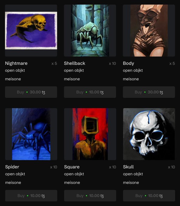 An NFT marketplace displays six digital art pieces for sale including 'Nightmare,' 'Shellback,' 'Body,' 'Spider,' 'Square,' and 'Skull,' priced in tokens (10-30).