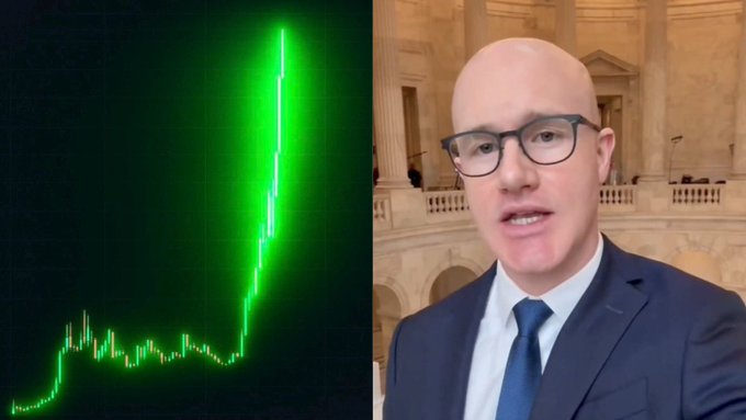 A split image shows a stock/crypto chart with a sharp green upward spike on the left, alongside a man in glasses and a dark suit speaking from what appears to be a government building on the right, illustrating news of Coinbase confirming ongoing Crypto CLARITY Act negotiations during recess.