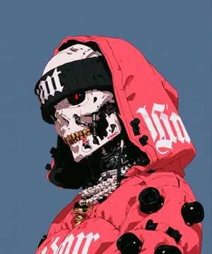 A hooded figure in a red puffer jacket with gothic "Sat" lettering poses alongside a skeleton wearing a matching beanie and gold grill, embodying the dark streetwear aesthetic the poster suggests could translate to NFT value.
