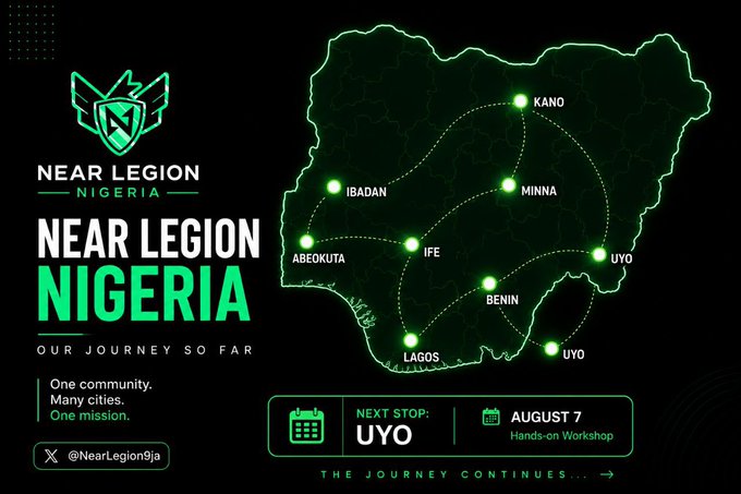 A promotional graphic for 'Near Legion Nigeria' featuring a map of Nigeria with highlighted cities (Kano, Ibadan, Abeokuta, Minna, Ife, Uyo, Benin, Lagos) and announcing a hands-on workshop on August 7.