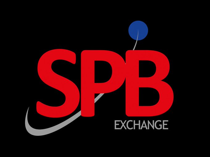The logo features "SPB EXCHANGE" in bold red letters with a stylized swoosh and blue sphere, representing the Saint Petersburg Exchange as it prepares to launch regulated Bitcoin and crypto trading following Russia's new crypto framework.