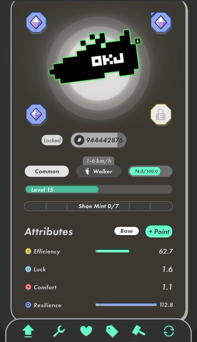 A mobile game screen displaying a digital shoe (OKX) NFT item, classified as 'Common' and 'Walker' with attributes including Efficiency 62.7, Luck 1.6, Comfort 1.1, and Resilience 112.8.