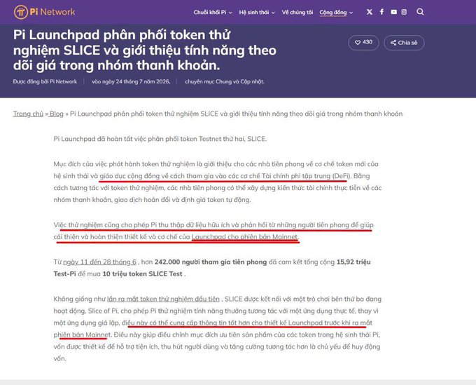 A screenshot of a Vietnamese Pi Network blog post titled 'Pi Launchpad phân phối token thử nghiệm SLICE và giới thiệu tính năng theo dõi giá trong nhóm thanh khoản' with some text underlined in red.
