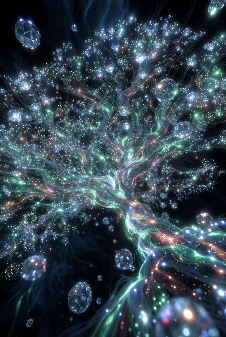 An abstract digital artwork depicts a luminous, ethereal tree made of glowing particles, light trails, and floating crystal-like orbs against a dark background.