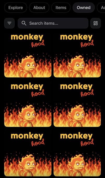 A Roblox marketplace screenshot showing a search results grid of identical 'monkey hood' items, each displaying a monkey character engulfed in flames.