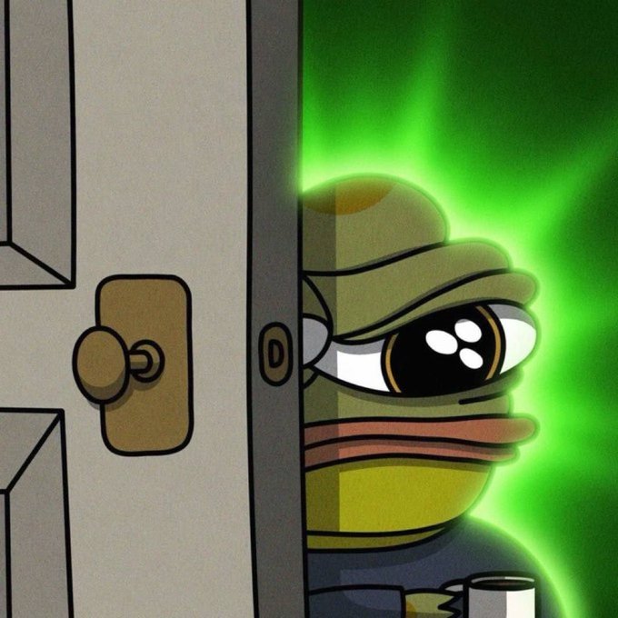 An animated cartoon of a green mummy-like character peeking through a partially open door with a glowing green aura.