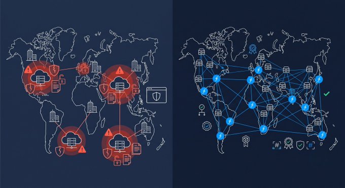 A side-by-side world map illustration contrasts two data storage paradigms: the left panel shows traditional centralized cloud storage (highlighted in red with warning icons) clustered in a few regions, while the right panel depicts a distributed network with interconnected nodes and verification badges (including a green checkmark) spanning the globe, visually reinforcing the post's argument that Filecoin's decentralized, cryptographically-governed storage offers more reliable data protection than conventional cloud or browser-isolation solutions.