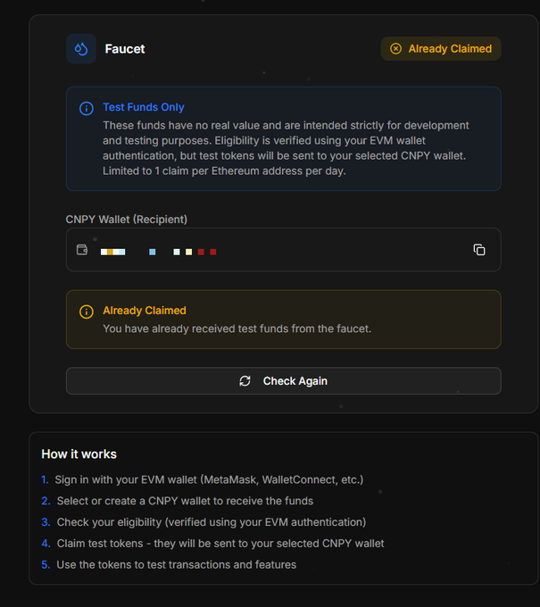 The image shows a screenshot of an EVM ( Ethereum Virtual Machine) dashboard, which displays information about a distributed ledger called the Ethereum Network (ETH). The dashboard has a list of instructions for users to follow, including signing with their EVM wallet, creating a CNPY wallet, and distributing funds. It also provides details on how to claim funds that have already been received from the ETH network.