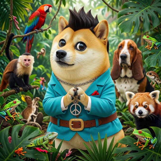 An anthropomorphic Shiba Inu with a punk-style hair tuft wears a teal jacket and peace-sign necklace, surrounded by a monkey, parrot, basset hound, red panda, and tree frogs in a jungle setting.