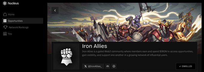 A screenshot of the Nucleus platform showing the 'Iron Allies' gated Web3 community page with an 'ENROLLED' button, featuring X handle @IronAllies.