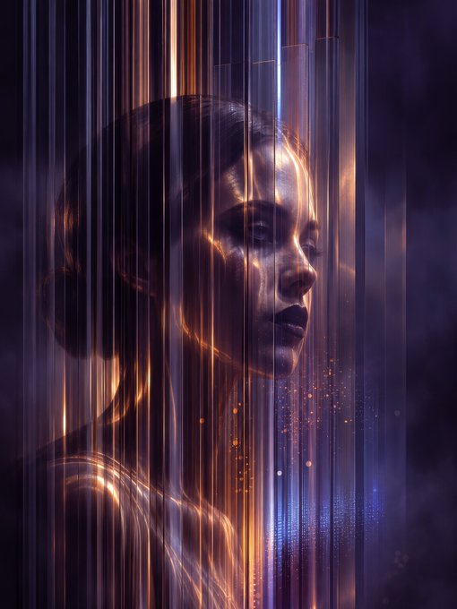 A digital artwork depicting a woman's profile with warm golden light cascading down her face like liquid, set against a dark purple background with vertical light streaks.