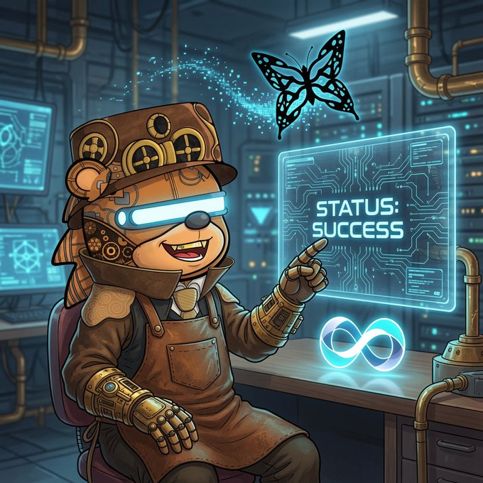 A stylized digital illustration of a steampunk mouse or bear character wearing goggles and brown overalls, pointing at a holographic screen displaying 'STATUS: SUCCESS' with a butterfly above and an infinity symbol below.