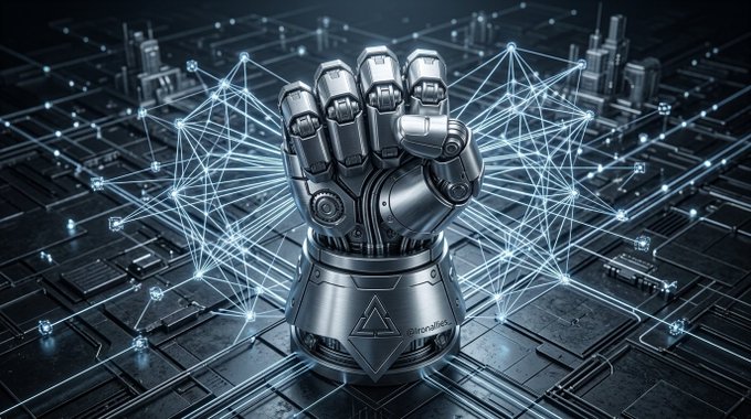 A futuristic, metallic robotic hand with clenched fingers rising from a digital landscape, surrounded by glowing network connections and data points.
