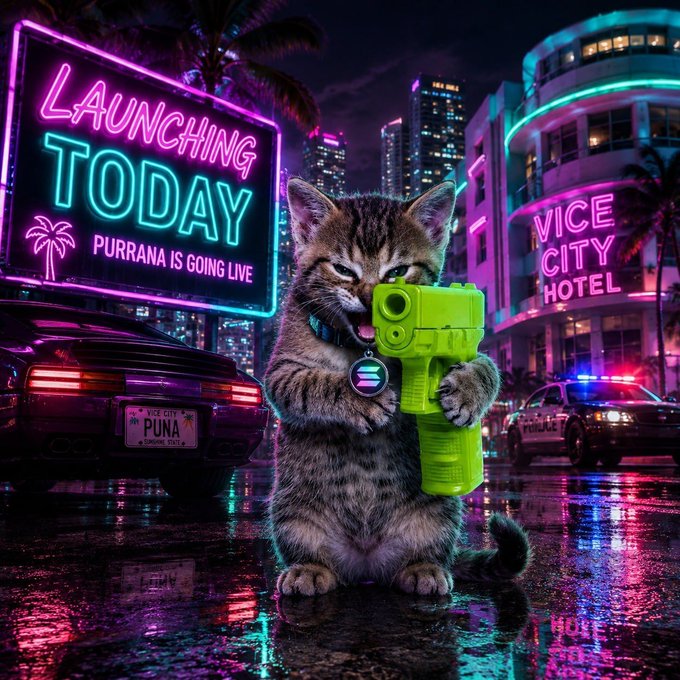 A tabby kitten stands on a wet neon-lit Vice City street holding a green squirt gun, surrounded by a "Launching Today — Purrana is Going Live" billboard and a police car with a "PUNA" license plate, matching the announcement that $PUNA is now live.