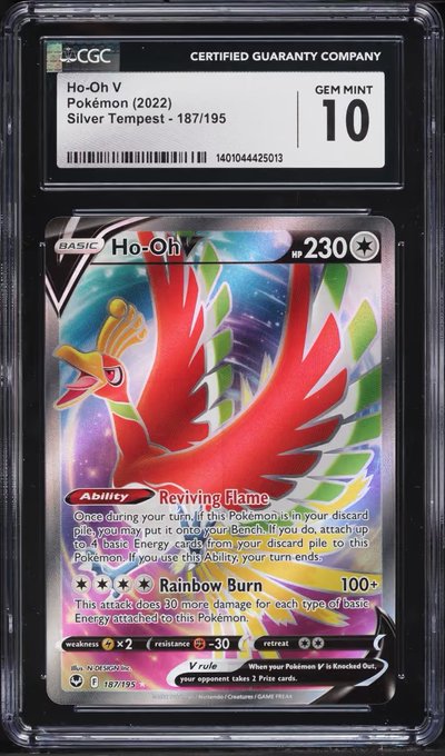 A CGC certified Pokémon trading card, specifically a 'Ho-Oh V' Silver Tempest 187/195, graded GEM MINT 10.