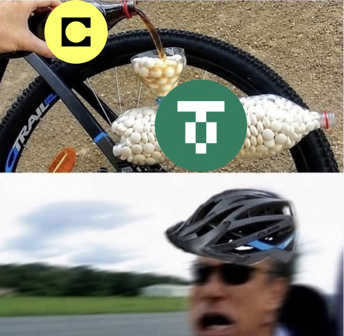 Two-panel image: top shows Coca-Cola and Tether logos over a bicycle wheel being filled with beans and soda, bottom shows a man in a bike helmet with a shocked expression.