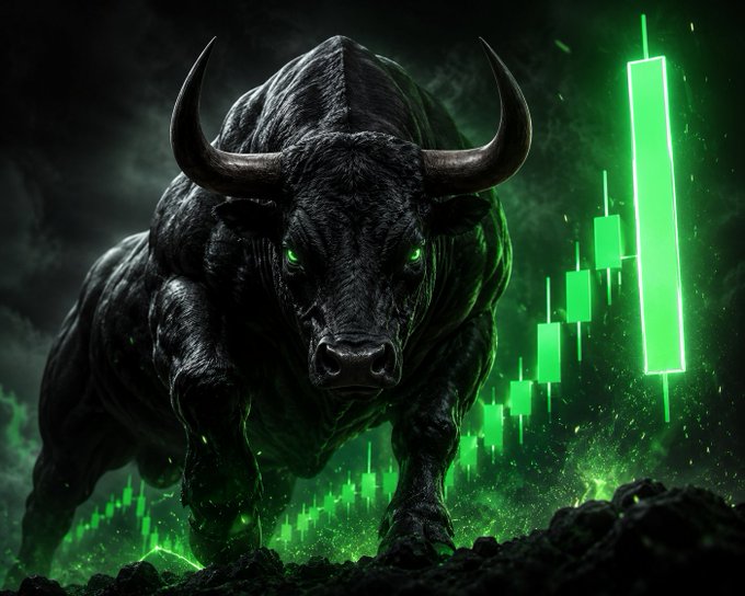 A menacing black bull with glowing green eyes stands aggressively amid rising green candlestick chart patterns, symbolizing bullish momentum. The imagery ties directly to the post's message of Bitcoin reaching a final confirmation phase before the anticipated altseason rally.