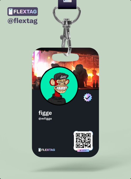 Promotional image for a FLEXTAG (@flextag) ID badge featuring a cartoon monkey avatar labeled 'figge @mfigge' with a QR code on a dark background.