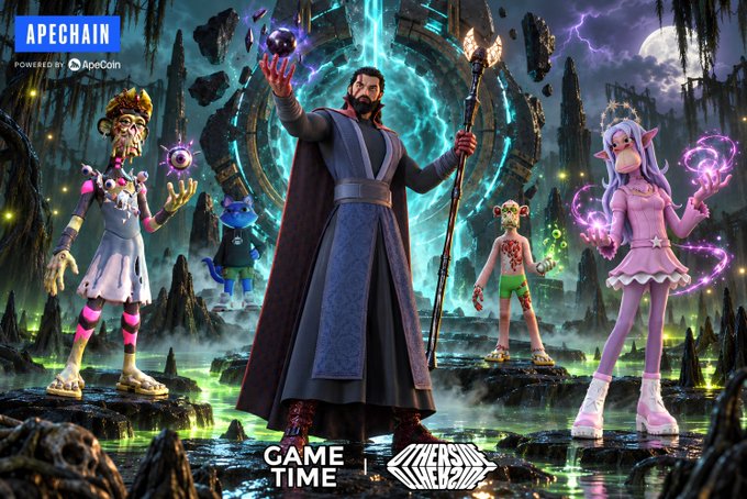 A promotional banner for 'APECHAIN' powered by ApeCoin shows several cartoon characters including a wizard-like figure holding a glowing orb, with the text 'GAME TIME' and 'OTHERSIDE METAVERSE' displayed.