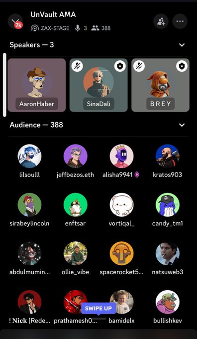 Screenshot of an 'UnVault AMA' audio chat room on ZAX-STAGE with 388 participants, featuring speakers 'AaronHaber', 'SinaDali', and 'BREY', and an audience grid of users like 'lilsoulll', 'jeffbezos.eth', and 'kratos903'.
