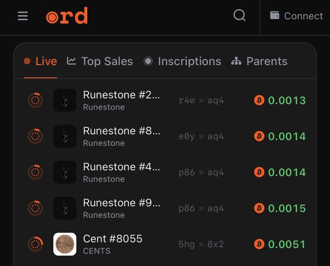 The image shows the ord.net dashboard with the "Live" tab selected, displaying recent Bitcoin Ordinals sales. The visible listings include Runestones #2, #8, #4, and #9 all priced between 0.0013-0.0015 BTC, along with Cent #8055 at 0.0051 BTC, illustrating the recent sales activity that matches the post about CENTS and Runestone trading on ord.net.