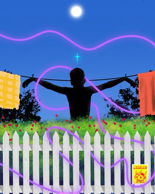 An artistic, painterly image showing the silhouette of a person hanging laundry on a clothesline against a bright blue sky with a sun, framed by a white picket fence, green grass with red flowers, and overlaid with purple wavy lines and an 'ASTRO' logo in the corner.