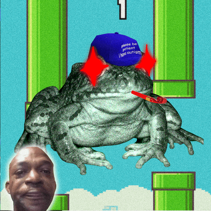 A collage featuring a photorealistic frog wearing a blue cap reading 'please be patient I have autism' with red star glasses, smoking a cigar, alongside a cutout of a man's face against a Flappy Bird background.