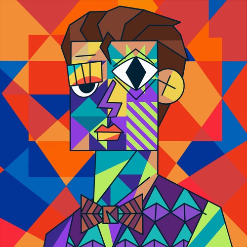 A vibrant cubist-style portrait of a figure with brown hair wearing a bowtie, rendered in geometric shapes with bold red, orange, blue, and green colors.