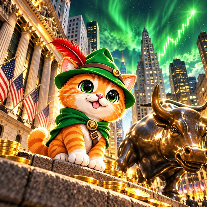 An illustration of a cartoon orange tabby cat wearing a green Robin Hood-style hat with a red feather, sitting beside the Wall Street Bull statue and stacks of gold coins, set against a green aurora-lit sky.