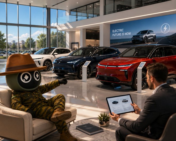 A cartoon robot mascot wearing a cowboy hat and camouflage clothing sits in a chair across from a salesperson in an electric vehicle showroom, with a banner reading 'ELECTRIC FUTURE IS NOW' displayed behind several cars.