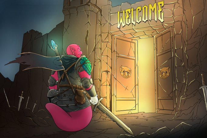 A pink-skinned warrior with a tail, cape, and sword stands before glowing doors marked "WELCOME" with demonic faces, set in a dark stone fortress.