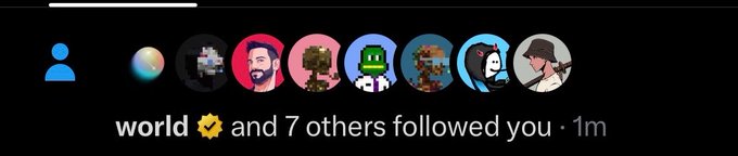 A social media notification reads "world ✅ and 7 others followed you" beneath a row of circular profile pictures featuring various avatars.