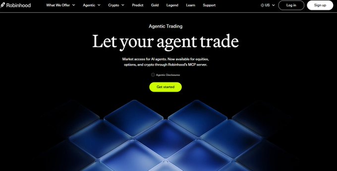 A screenshot of the Robinhood website featuring the headline 'Let your agent trade' for their new Agentic Trading service, with a yellow 'Get started' button.