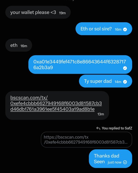 A Messenger conversation shows a request for a crypto wallet, with the user providing an ETH address starting with '0xa01e3449fef471c8e86643644f63287176a2b3a9', followed by the requester sending a transaction link via bscscan.com/tx/0xefe4cbbb6627949168f6003d81587cb3d46db1761a3961ee5f45403a19ad8b1e and replying 'Thanks dad'.