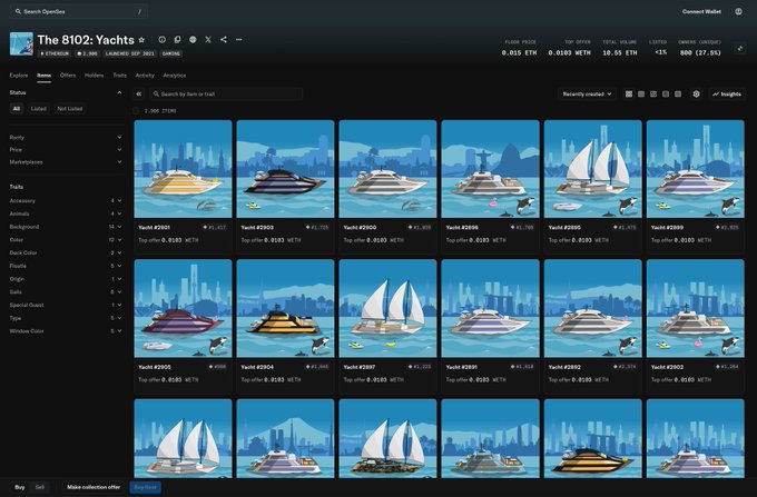 The image shows a collection of 16 different boats displayed on a website called "The 8102 Game". The boats are arranged in four rows with four boats each, showcasing various types and sizes. The boats include sailboats, motorboats, and yachts, offering a diverse selection for potential buyers or enthusiasts to explore. The image also includes text that reads: "Gm fam! Massive shout-out to @happy_warbird for minting 15 @the8102game yachts - all 5 mint deals gone in one go Eternally grateful for the support", highlighting the impressive collection and the generous offers available on the website.