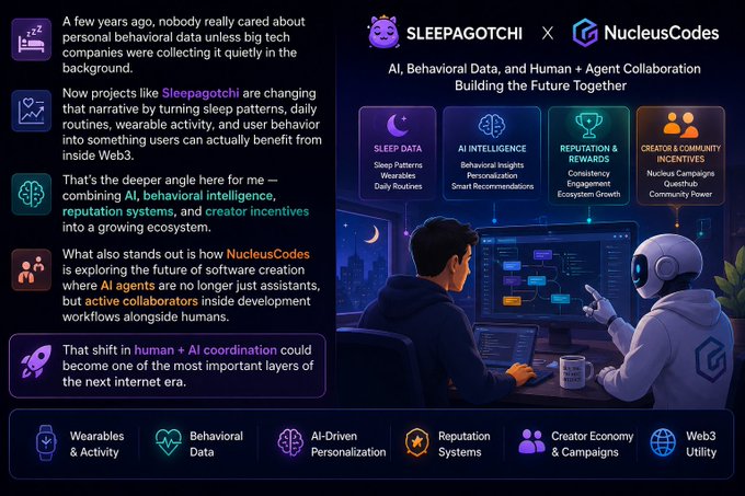 "@supermorningCT A few years ago, nobody really cared about personal behavioral data unless big tech companies were collecting it quietly in the background. Now projects like @sleepagotchi are changing that narrative by turning sleep patterns, daily routines, wearable activity," says the image caption. This statement is made close to the bottom of a screenshot from an article titled "A few years ago", which could possibly be about a post on a social media platform or an online community discussing personal data and its impact on sleep habits. The article also mentions that this change in attitude towards personal behavioral data has led to projects like "@sleepagotchi".