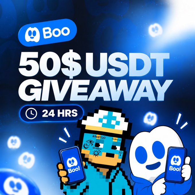 The image is a promotional graphic for a "50$ USDT GIVEAWAY" by Boo, featuring a pixelated character and a white ghost mascot both holding phones displaying the "Boo!" app, with "24 HRS" indicated below. It directly matches the post's announcement, advertising a 24-hour cryptocurrency giveaway requiring participants to like, retweet, follow @playbootlg, and tag three friends.