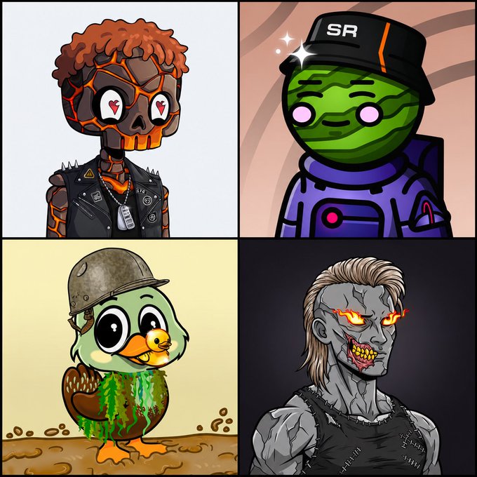The image features four cartoon characters with different appearances, including a bird, a robot, an alien, and a monster. The characters are depicted wearing hats or headgear that match their unique styles. The post also mentions GM all! I just wanted to share a few collections that have great art, concepts, and communities.