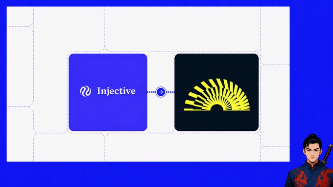 A graphic displaying the Injective blockchain logo connected to a black box with a yellow sunrise/fan design, with an anime-style samurai character in the bottom right corner.