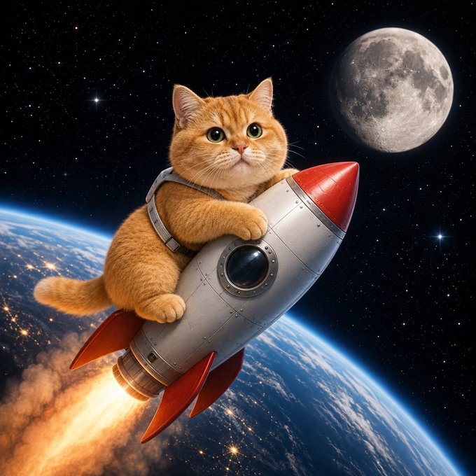 A digital illustration of an orange tabby cat wearing a space harness, riding a silver and red rocket through space with Earth and the Moon visible in the background.