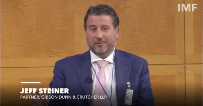A man in a blue suit and pink tie speaks at a podium, identified by on-screen text as 'JEFF STEINER, PARTNER, GIBSON DUNN & CRUTCHER LLP' with 'IMF' logo in the corner.