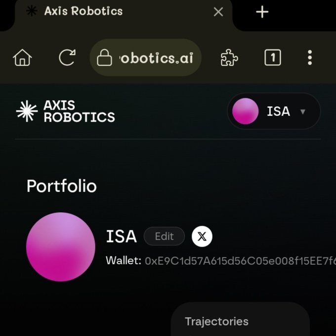 A screenshot of the Axis Robotics website showing a portfolio with a wallet address starting '0xE9C1d57A615d56C05e008f15EE76'.
