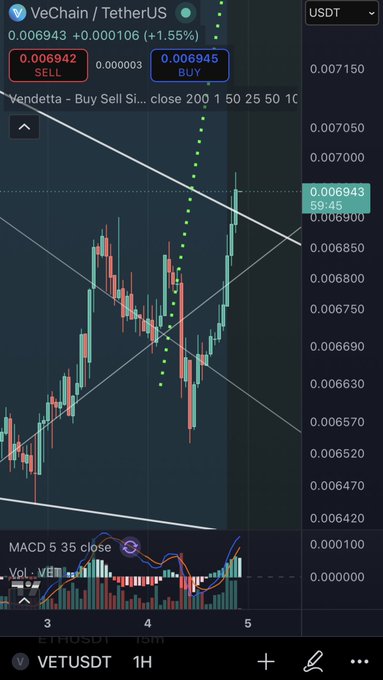A TradingView chart for VeChain / TetherUS (VETUSDT) on 1H timeframe showing price at 0.006943 with a rising trendline breakout and MACD indicator.