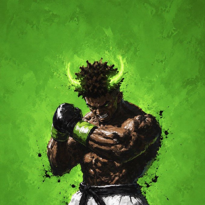 A fierce Black male boxer with glowing green horns and a green-glowing fist guards his face in a battle-ready stance against a vibrant green splatter background, evoking the raw energy of street art. The demonic, monstrous aesthetic pairs with the post's ominous "DROP SOLANA WALLET" ultimatum to convey an aggressive, threatening tone meant to intimidate the viewer into complying.