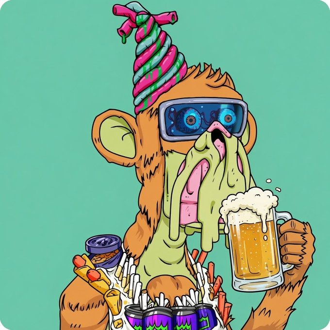 A psychedelic cartoon illustration of a furry orange monkey-like creature wearing goggles, drinking beer with green slime dripping from its face.