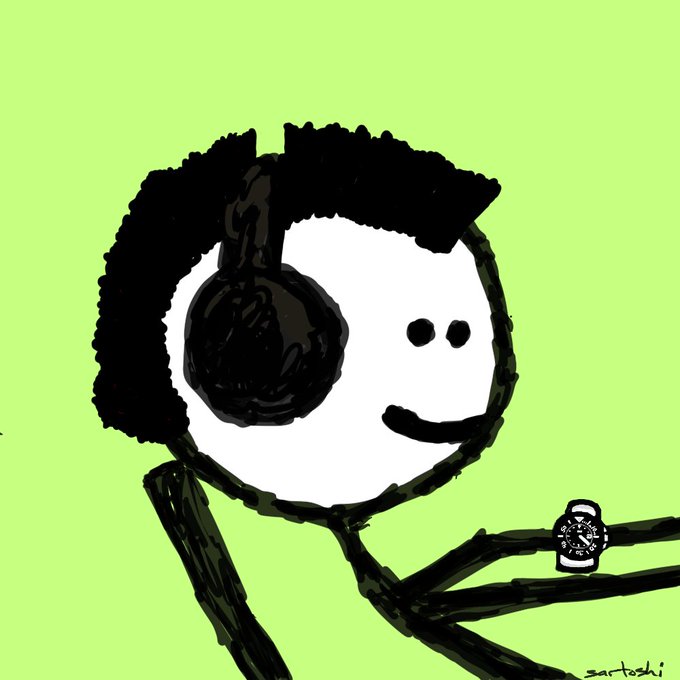 A simple, hand-drawn cartoon sketch of a smiling stick-figure-like character with black hair, wearing large headphones and checking a wristwatch against a bright green background, signed 'sartoshi'.