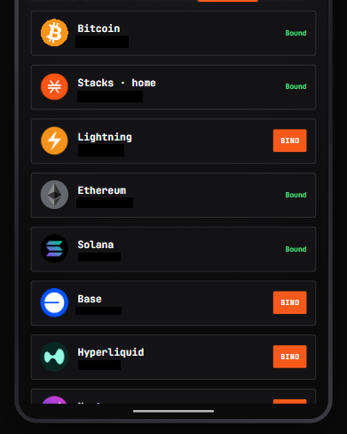 A dark-themed mobile app interface showing cryptocurrency wallet binding options, with Bitcoin, Stacks, Ethereum, and Solana marked as 'Bound' and Lightning, Base, and Hyperliquid available to 'BIND'.