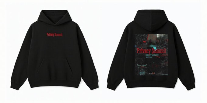 Front and back views of a black hoodie; the front has small red "Privacy Summit" text, and the back features a larger graphic with the same text and a dark, textured image.