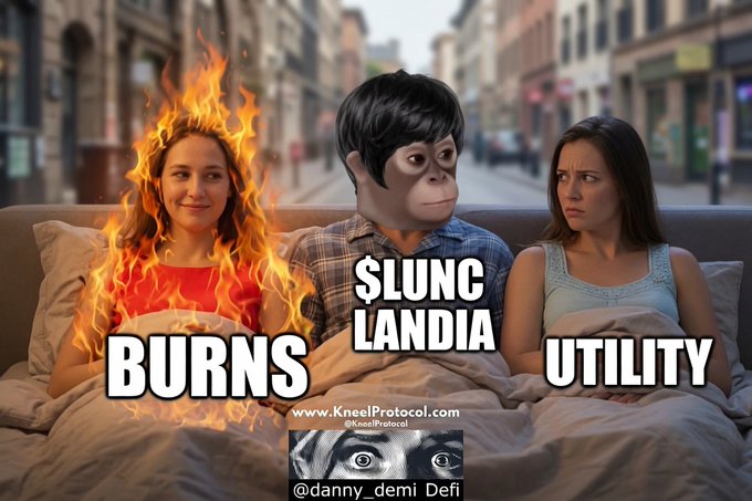 A humorous meme depicting three figures on a couch: a woman on fire labeled 'BURNS', a monkey-headed figure in the middle labeled '$LUNC LANDIA', and an annoyed woman on the right labeled 'UTILITY', with the website www.KneelProtocol.com and handle @danny_demi Defi.