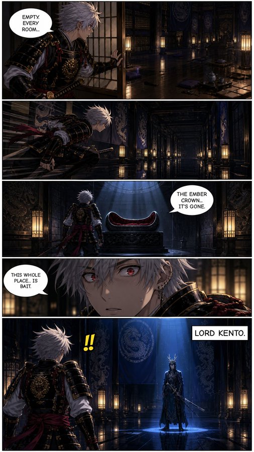 A manga page depicting a samurai with white hair discovering that 'THE EMBER CROWN.. IT'S GONE.' and that 'THIS WHOLE PLACE.. IS BAIT,' before encountering a figure labeled 'LORD KENTO.'